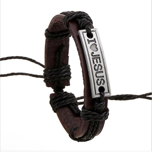 I Love Jesus Leather Metal Bracelet, Brown, Christian Faith Wristband - Picture 3 of 3